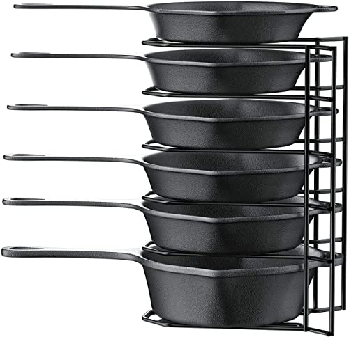 Image of 6 Tier Heavy Duty Pan And Pot Organizer /Tiered Shelf For Kitchen Cabinet|Countertop Holds Cast Iron Skillets,Griddles And Shallow Pots|- No Assembly Required