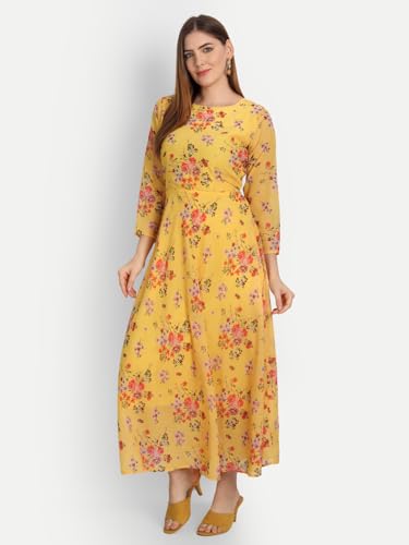 Image of Women's Floral Printed Georgette Standard Regular Fit and Flare Casual Knee Length Western Dress