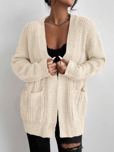 Image of Womens Open Front Cardigan Sweaters Oversized Long Sleeve Two Pockets Loose Solid Knit Sweaters