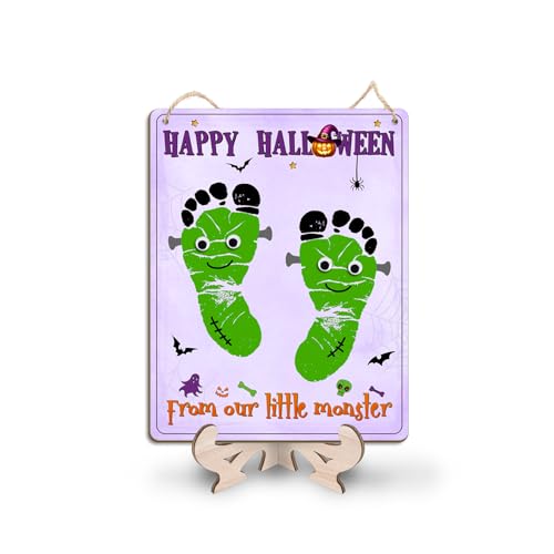 DIY Happy Halloween From Our Little Monster Baby Footprint Craft Decor Sign, Baby's First Halloween Footprint Keepsake Frankenstein Monster Theme Decoration, Our Little Franken Monsters Art Craft Sign