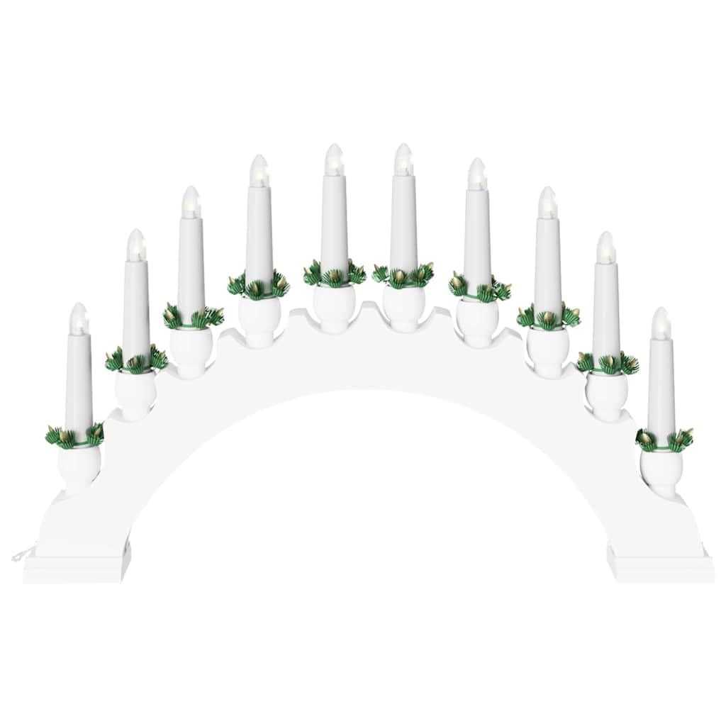 Świecznik bożonarodzeniowy z 10 świecami LED, biały, 47 x 29 cm, z litego drewna sosnowego, zasilany bateriami, do świątecznej dekoracji stołu i parapetu, trwała dekoracja bożonarodzeniowa