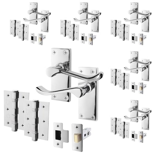 EAI Polished Chrome Victorian Scroll Door Handle Latch Set | 6 Pairs of Internal Lever Handles on Backplate with Hinges (76mm) & Latch (64mm)