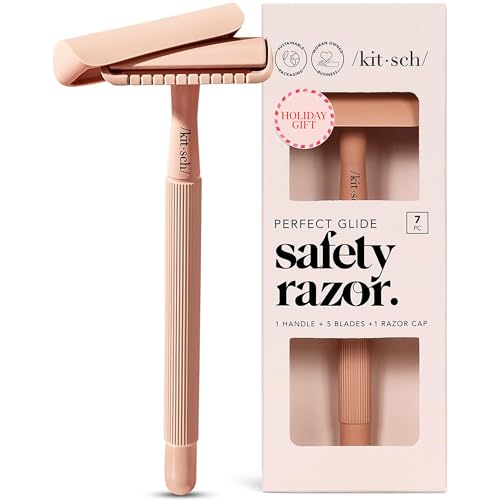Kitsch Double Edge Safety Razors for Women and Men, Long Metal Handle and Stainless Steel Single Blade Razor with 5 Double Edge Refills, for Shaving and Travel Essentials - Terracotta