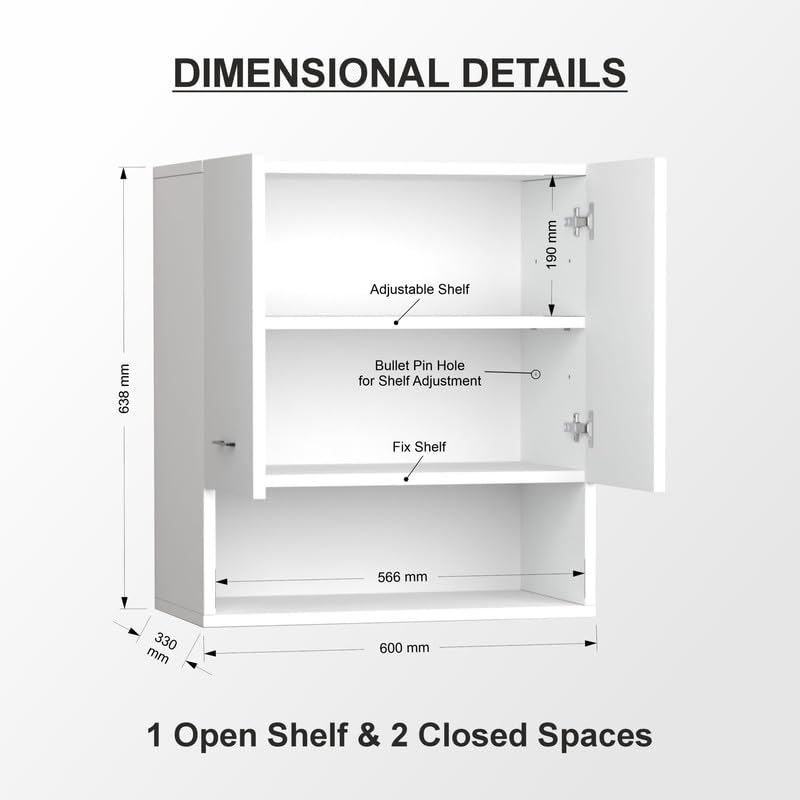 Image of 2 Door Multipurpose Wall Mounted Cabinet with Adjustable & Fixed Shelf | Storage for Kitchen, Bathroom, Office & Living Room | Assembly-DIY | Color-White | Size-60x33x63.8 Cm