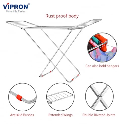 Image of Stainless Steel Foldable Clothes Drying Stand Double Rack | Heavy Duty Laundry Dryer Stand | Rust Proof Indoor Outdoor Cloth Drying Rack | Space Saving Design | 120x54x4 cm