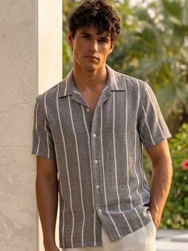 Image of Urbano Fashion Men's Cotton Half Sleeve Relaxed Fit Linen Striped Shirt with Cuban Collar