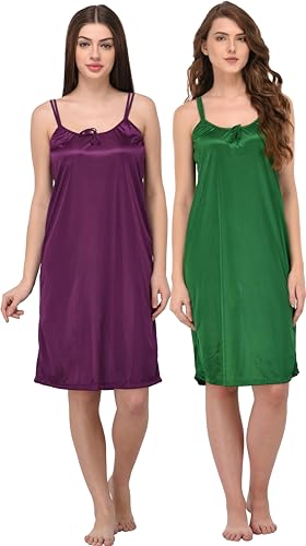 Image of You Forever Women Sexy Satin Striped Solid Above Knee Length Nighty, Loungewear, Nightwear, Sleepwear, Home Wear Short Nighty for Women Pack of 2