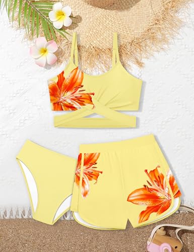 Image of Girls Swimsuit 3 Piece Bathing Suit Criss Cross Bikini Set Girls' Swimwear with Shorts 7-16T