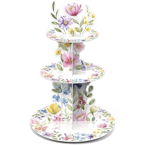Widecook 3 Tier Wildflower Party Decoration Cupcake Stand Spring Wildflower Cupcake Tower Floral Themed Cake Holder Dessert for Flower Baby Shower Birthday Party Supplies
