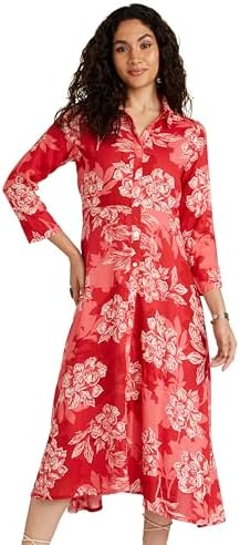 BIBA Women's Below The Knee 3/4 Sleeves Collared Neck Printed Casual Dress