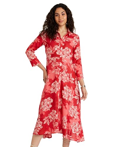 Image of BIBA Women's Below The Knee 3 /4 Sleeves Collared Neck Printed Casual Dress