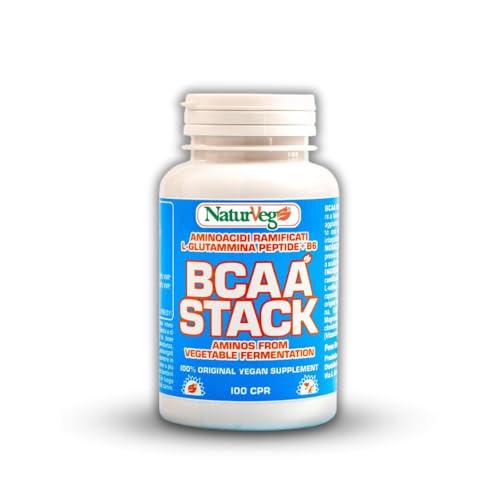 Naturveg BCAA STACK – Aminoacidi Ramificati con Glutammina Peptide e Vitamine B2 e B6 – Rapporto 2:1:1 – 100 o 200 Compresse, Integratori per vegani – Made in Italy (200 compresse)