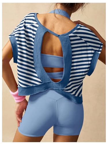 Milumia Women's Striped Open Back Workout Crop Tops Backless Short Sleeve Athletic T Shirts Gym Yoga Tee2