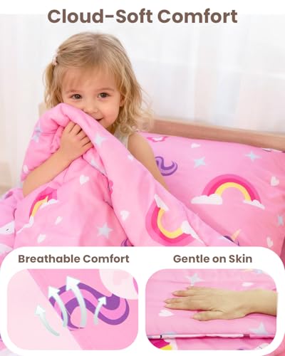 Image of TinyPalsa Toddler Bedding Set, 4-Piece Pink Rainbow Pony Comforter Set for Girls and Boys, Breathable Crib Bedding Includes Ultra-Soft Quilt, Flat & Fitted Sheets, Pillowcase