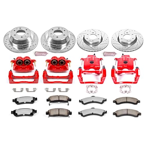 Image of PowerStop Front and Rear Brake & Caliper Kit for Buick Rainier 2004-05 |Chevrolet SSR 2003-06 - Drilled & Slotted Disc Rotors + Z36 Brake Pads + Red-Powder Coated Calipers, KC2062-36