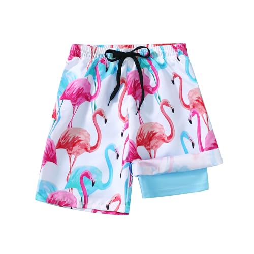 YWFSHOP Boys Swim Trunks with Compression Liner Stretch Swim Shorts Teen Boy Quick Dry Swimsuit Board Shorts 5-16 Years Flamingo