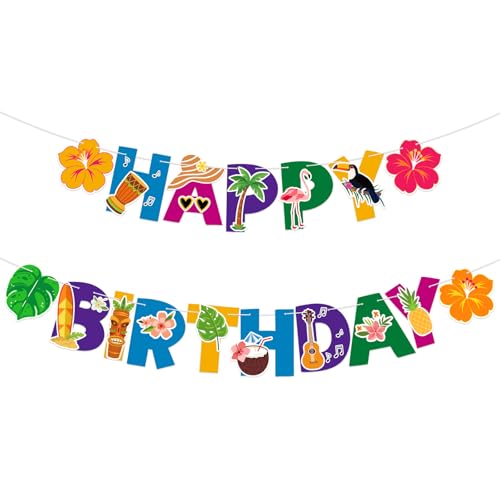 Image of Hawaiian Happy Birthday Banner Tropical Birthday Banner Colorful Hawaiian Luau Flamingo Pineapple Palm Leaf for Kids Summer Baby Shower Party Decorations Supplies