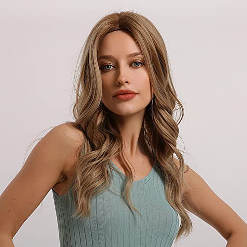 MISHAIR Perruque Brun Caramel Ombre Longue,Perruque Synthétique Naturelle Cheveux Bouclés,Moyen Partie,Perruque Cheveux Résistant À La Chaleur Partie Cosplay Utilisation Quotidienne Cover
