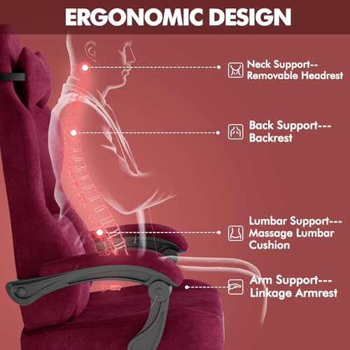 Image of Soontrans Red Velvet Fabric Gaming Chairs with Footrest, Ergonomic Comfortable Video Gamer Chair, Reclining Office Computer Desk Game Chairs with Massage Lumbar Cushion,Headrest for Adult