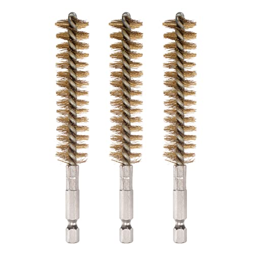 HARFINGTON 3pcs Brass Bore Brush 17mm Dia Cleaning Wire Brush with Handle 1/4 Inch Hex Shank for Tubes, Ports, Bearings
