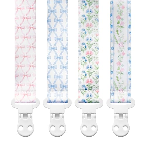 Image of Stadela Baby Pacifier Clip Holder - Girl 4 Pack Gift Set – Vintage Floral Bows Ribbons Flowers French Blue Pink