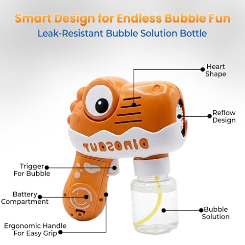 Image of WireScorts Cute Dino Bubble Gun Toys for 3+ Year Old Kids Boys Girls, Automatic Bubble Machine with Bubble Solution, Summer Outdoor Kids Toys for Birthday Gifts for 3 4 5 6 7 8 Year Old