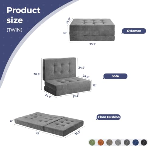 Image of MAXYOYO 6 inch Folding Sofa Bed for Floor, Tufted Tri-Fold Floor Mattress