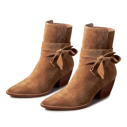 Milooey shoes Women's Almond Toe Ankle Boots Stacked Chunky Heels Ankle Strap Bowknot Short Booties Casual Daily Shoes Size 4-16 US4