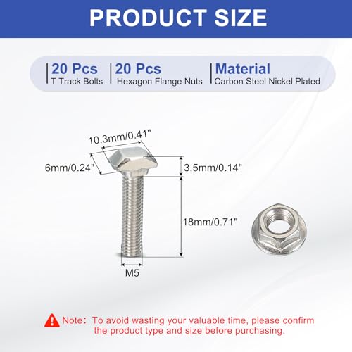 Image of PATIKIL M5 x 20 mm T-Slot Bolts, 20 Sets Drop-in Bolt Hammer Head with Hexagon Flange Nuts T-Bolt Stud Sliding Screw for 20 Series Aluminum Extrusion Profile, Silver