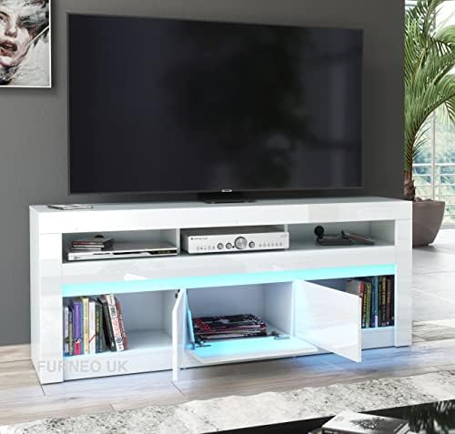 Furneo White TV Stand 157cm Unit Cabinet Matt & High Gloss Carino01 Blue LED Lights
