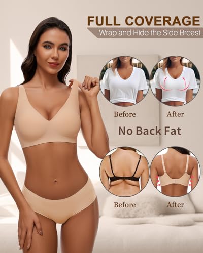 WOWENY Wireless Bras for Women No Underwire Full Coverage Seamless Push Up Bra Comfort Deep V Bralettes with Support4
