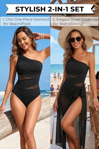 Image of Aqua Eve Women Mesh One Piece Swimsuit - Tummy Control One Shoulder Bathing Suit Cut Out Swimwear 2026