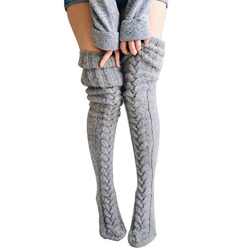 Huaxiafan Womens Cable Knit Over Knee Socks Knitting Thickened High Boot Leg Warmer Hairball Winter Stockings