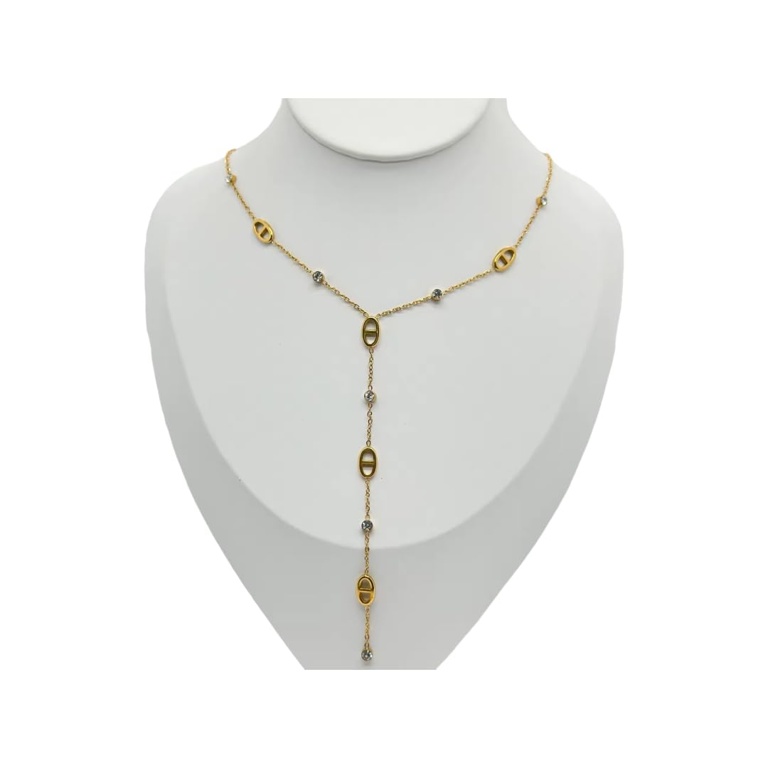 collier sautoir chaine en y - pendentif nez de cochon et strass - maille marine - acier inoxydable- argent ou or - collier personnalisé-collier tendance
