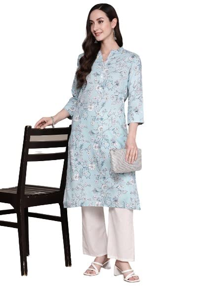 Image of anubhutee Women's Viscose Rayon Blue Ethnic Motifs Printed Straight Kurta