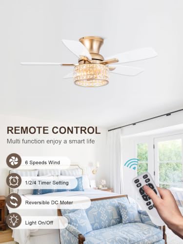 Image of 42 Inch Flush Mount Crystal Ceiling Fan with Lights and Remote