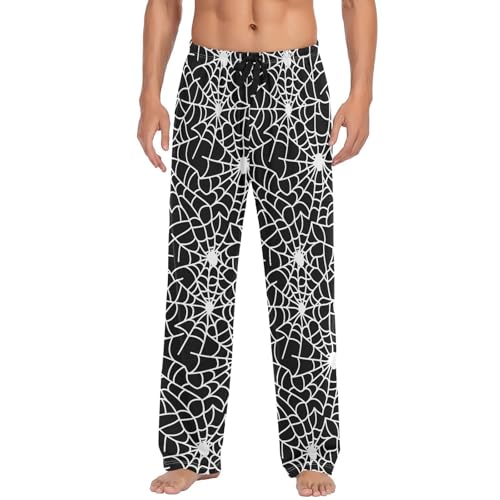Men’s Halloween Spider Web Pajama Pants with Pockets, Comfortable Lounge Sleep Bottoms#433