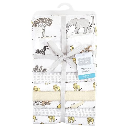 Image of Little Treasure Hudson Baby Cotton Poly Flannel Receiving Blankets Multipack, White Neutral Safari World, 30x30 inches