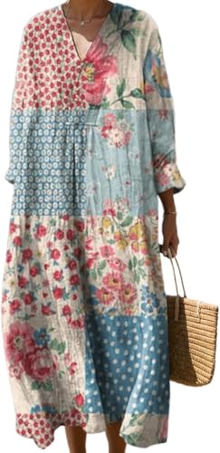 Women's Boho Smocked Long Sleeve Maxi Dress Summer Casual Loose Floral Beach Vacation Dress with Pockets