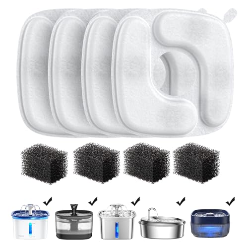 Veken Cat Water Fountain Filters, 4 Pack Replacement Filters & 4 Pack Replacement Pre-Filter Sponges Set for 50oz, 84oz, 95oz or 108oz Automatic Pet Fountain Dog Water Dispenser