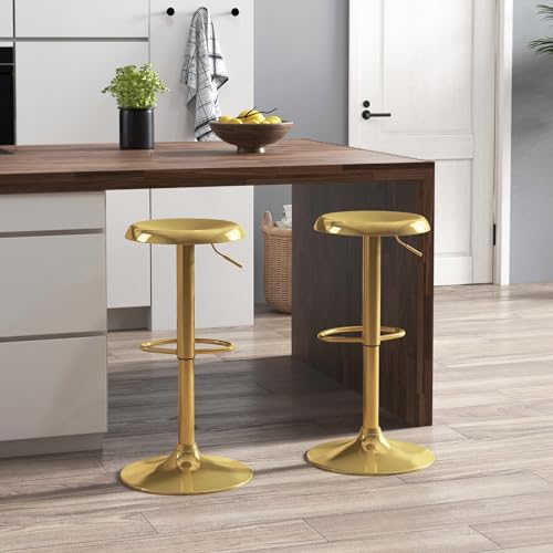 Brage Living Adjustable Bar Stools Set of 2, Swivel Round Metal Airlift Barstools, Backless Counter Height Bar Chairs for Kitchen Dining Room Pub Cafe (Gold)