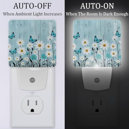 Image of NEWzone Daisy Floral Butterfly Rustic Plank Night Light [2 Pack], Plug in Wall Led Night Lights Decor for Boys Girls Room, Dusk to Dawn Sensor Wall Lamp for Stairway /Bedroom /Kitchen /Nursery Room