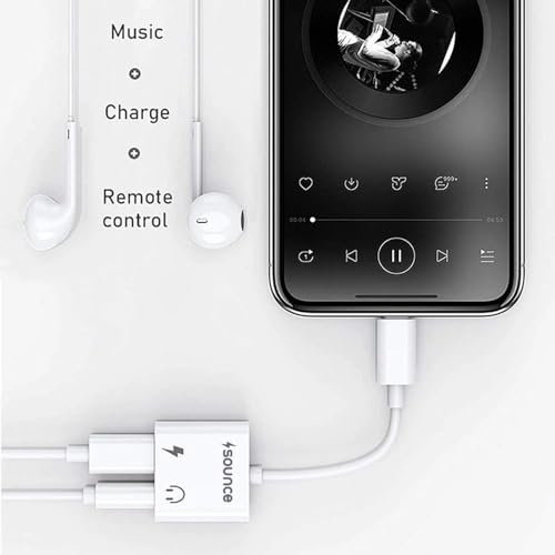 Image of Sounce 2-in-1 Lightning to 3.5mm Audio & Charging Splitter - Dual Port Adapter Cable for Music, Power, Headsets, Speakers & More - White