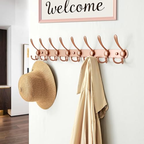 Dseap Coat Rack Wall Mount - 29.5” Long 8-Tri-Hooks Heavy Duty Coat Hanger Rail Wall Hooks for Hanging Coats Hats Clothing Clothes Purse Mudroom Entryway, Rose Gold by Dseap - Used condition - Image 3