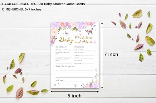 Baby Shower Game for Girls, Purple Butterfly Baby Predictions and Advice for Baby Shower, Purple Floral Baby Shower/Gender Reveal Parties Decorations, 5" x 7" Double-sided Cards(30 Games)-A02 - Image 3