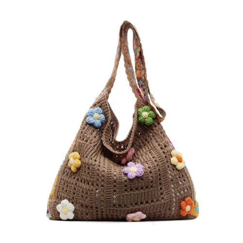 Sac fourre-tout en crochet pour femme, sac à bandoulière bohème avec motif floral, mignon (sacs d'été, sac fourre-tout, sac à main de plage bohème au crochet,...
