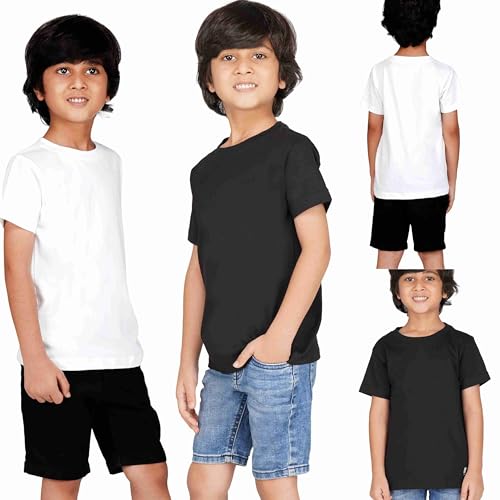 Image of Kids Round Neck T-Shirt Half Sleeves 100% Cotton Rich Soft Comfortable Fit Stylish Plain Color White+1 Combo Original Brand Tshirt for Boys