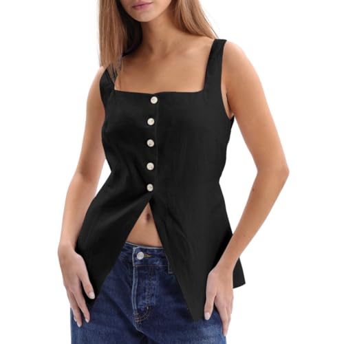 Amazhiyu Women's 100% Linen Button Up Vest Square Neck Tops Sleeveless Waistcoat