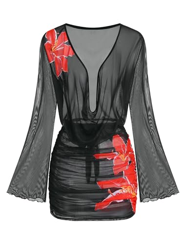 Image of ZAFUL Womens Swimsuit Cover Up Dress Draped Neck Tie Waist Coverup Bathing Suit Mesh Swim Beach Dress