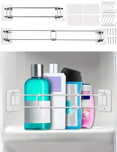 Image of RV Shower Corner Storage Bar - 2 Pack Adjustable Stainless Steel RV Bathroom Shelves Organization with S-Hooks, Flexible & Easy to Install Storage Rod for RV Camper Travel Trailer Inside Bath(7-13 in)